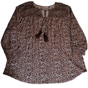 National blouse PXL brown blue keyhole ties tassels bohemian fairy grunge rodeo